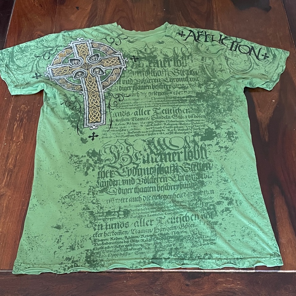 Vintage Affliction Green Short-Sleeve Graphic Tee with Celtic Cross